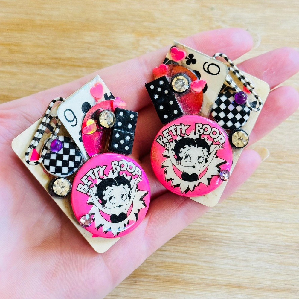 VTG Kitschy Betty Boo Upcycled Earrings Pink Statement Clip Retro Wearable Art